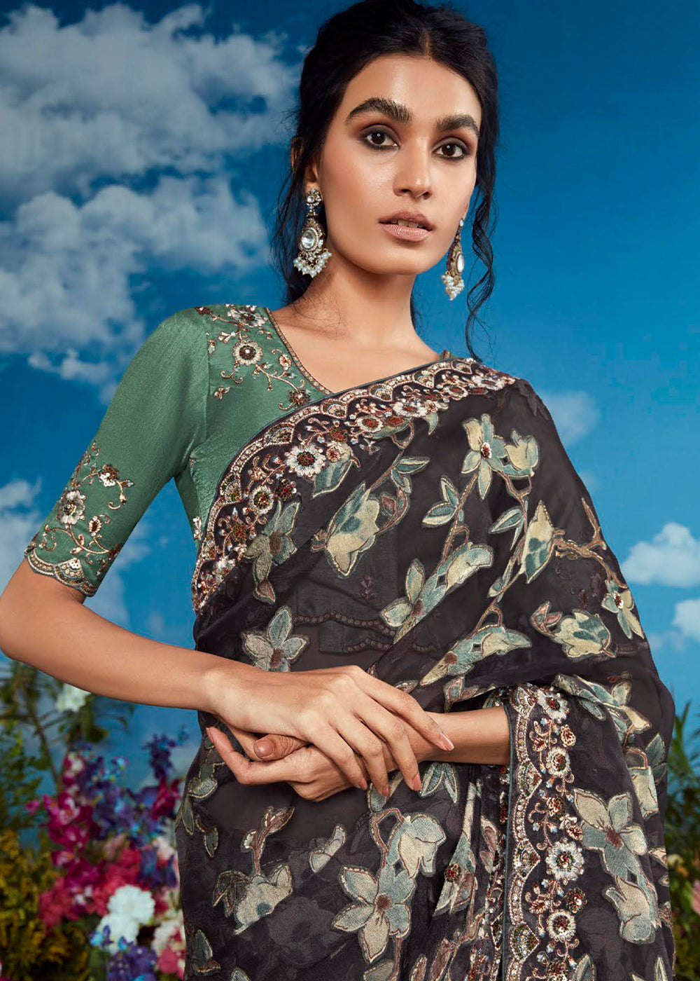 Pebble Grey Floral Brasso Silk Saree with Embroidered Border Detailing