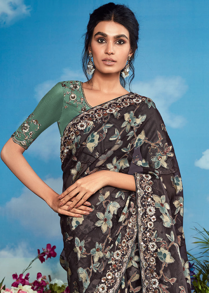 Pebble Grey Floral Brasso Silk Saree with Embroidered Border Detailing