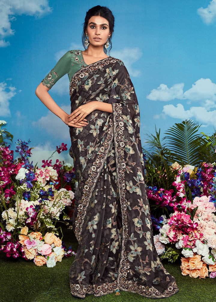 Pebble Grey Floral Brasso Silk Saree with Embroidered Border Detailing