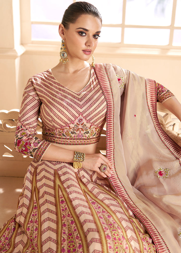 Beige Brown & Pink Floral Printed Silk lehenga Choli with Embroidery work