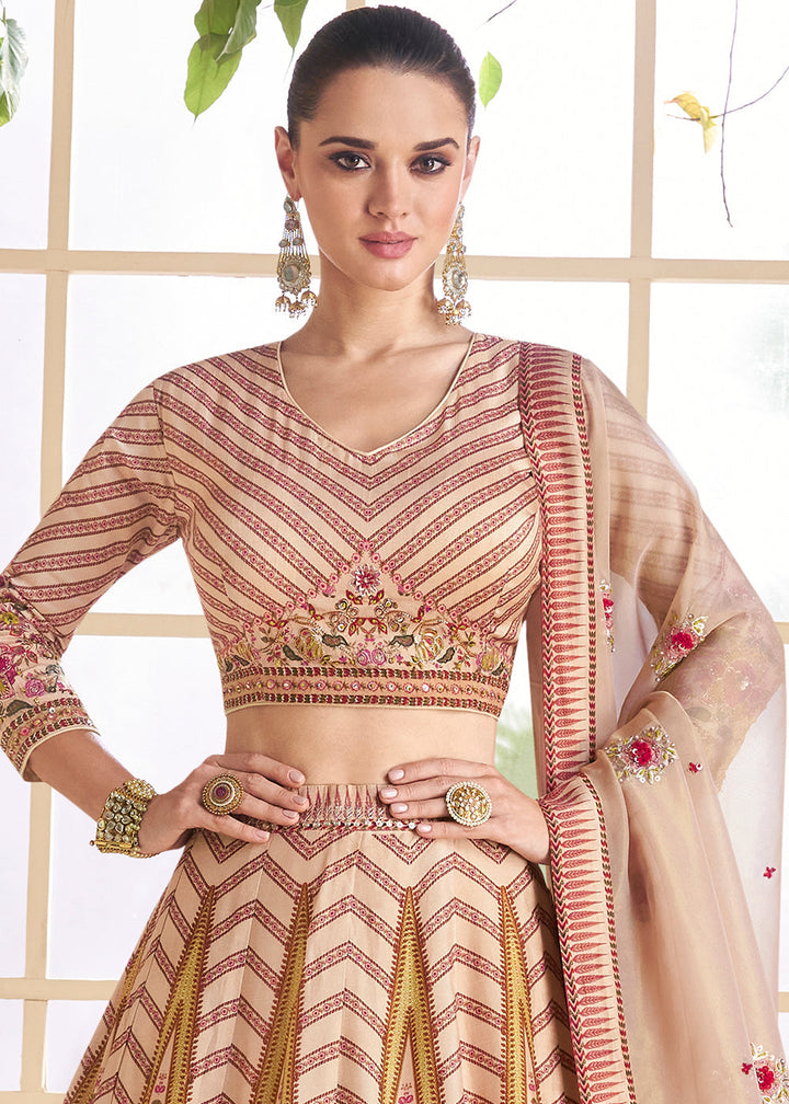 Beige Brown & Pink Floral Printed Silk lehenga Choli with Embroidery work