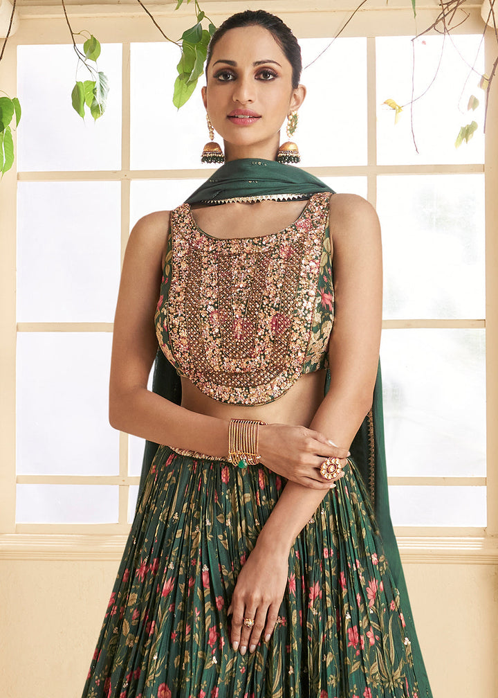 Dark Green Floral Printed Georgette lehenga Choli with Embroidery work