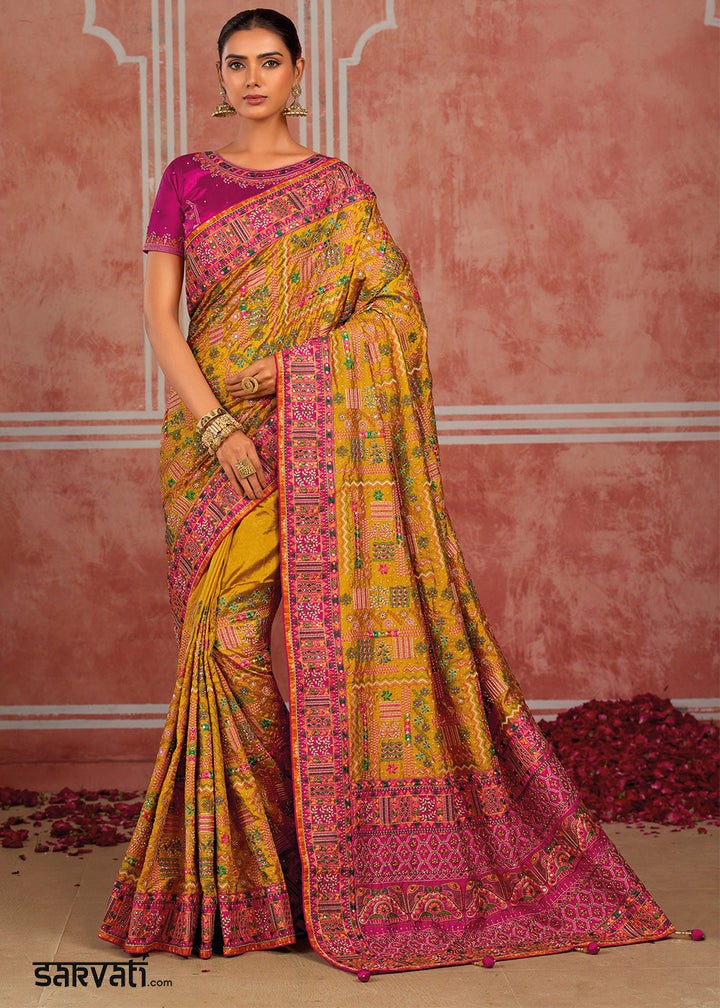 Mustard Yellow Banarasi Silk Saree with Exquisite Kachhi Hand Embroidery