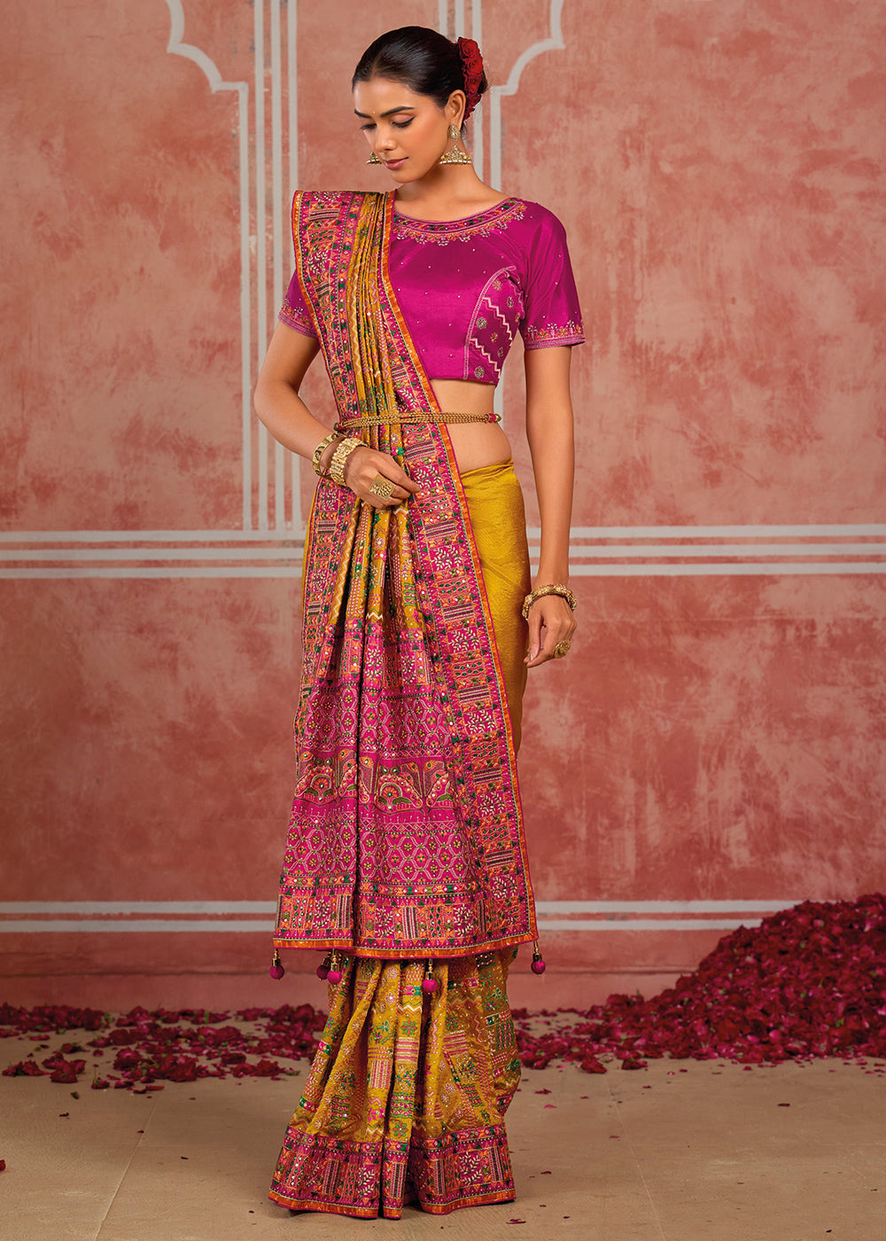 Mustard Yellow Banarasi Shana Silk Saree with Exquisite Kachhi Hand Embroidery