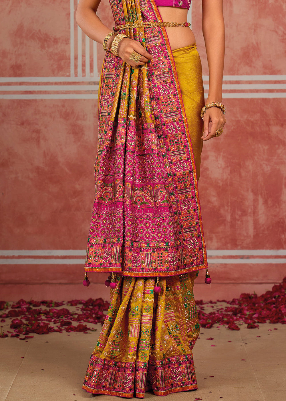 Mustard Yellow Banarasi Shana Silk Saree with Exquisite Kachhi Hand Embroidery