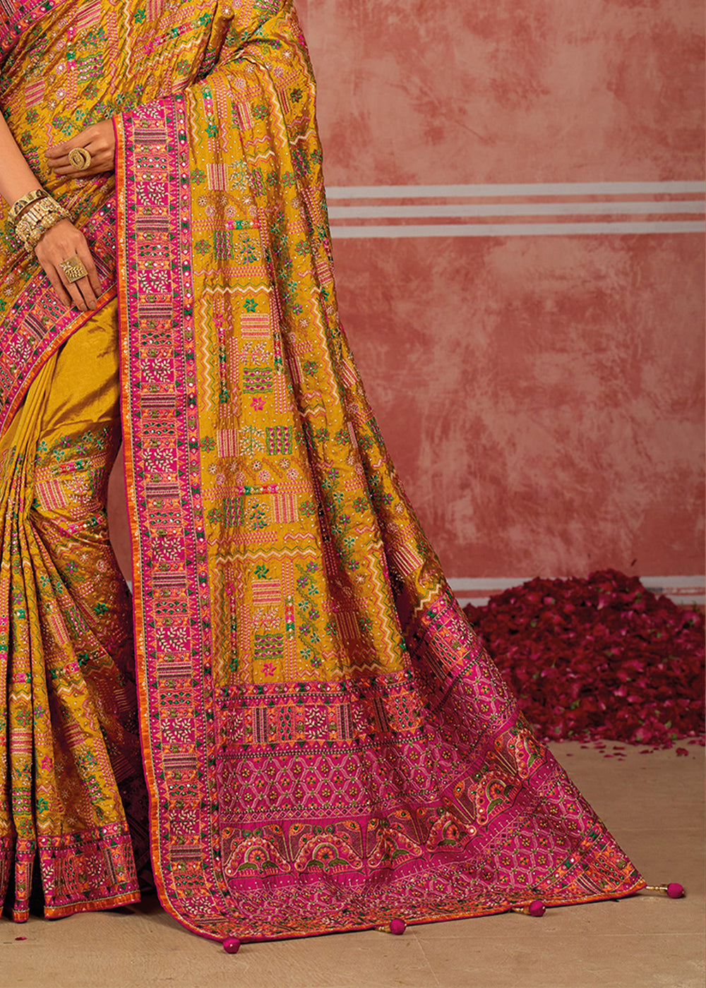 Mustard Yellow Banarasi Silk Saree with Exquisite Kachhi Hand Embroidery