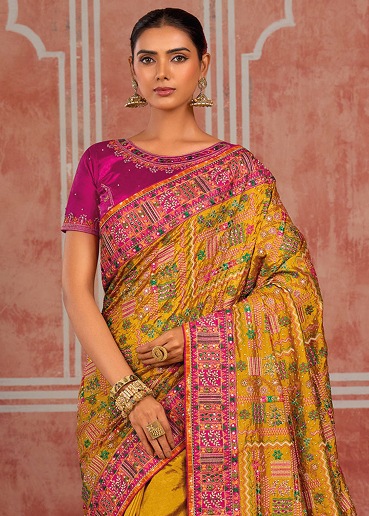 Mustard Yellow Banarasi Silk Saree with Exquisite Kachhi Hand Embroidery