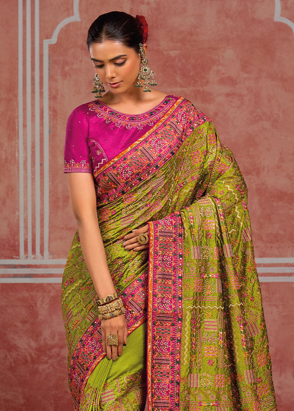 Sheen Green Banarasi Silk Saree with Exquisite Kachhi Hand Embroidery