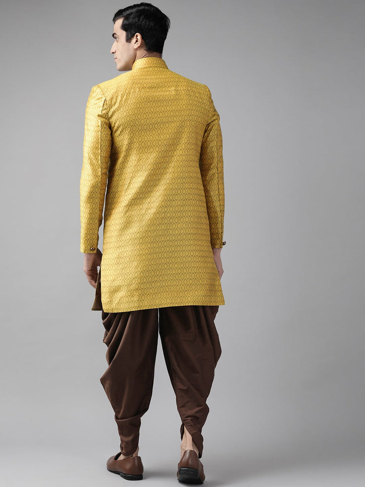 Sarvati Men's Mustard Yellow And Coffee Silk Blend Sherwani Set