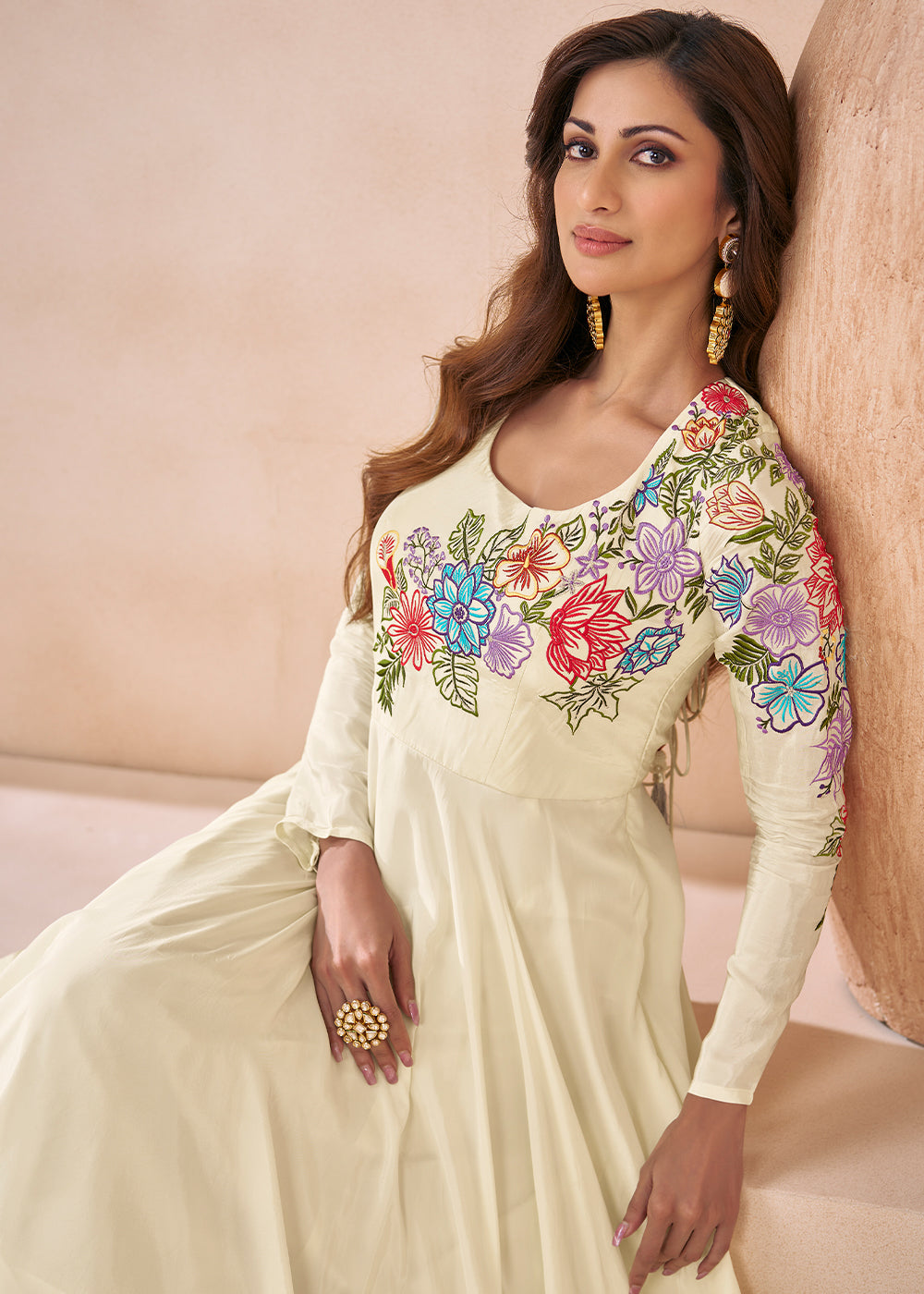 Pearl White Silk Anarkali Gown with Embroidery work