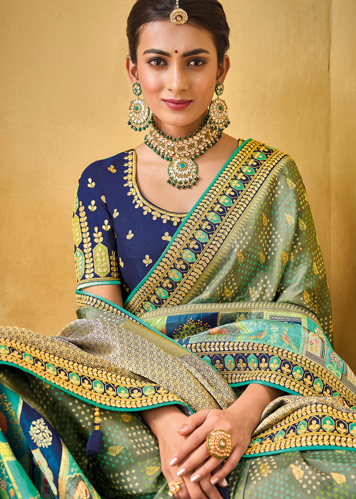 Blue & Green Designer Dola Silk Saree with Embroidered Weaving Border