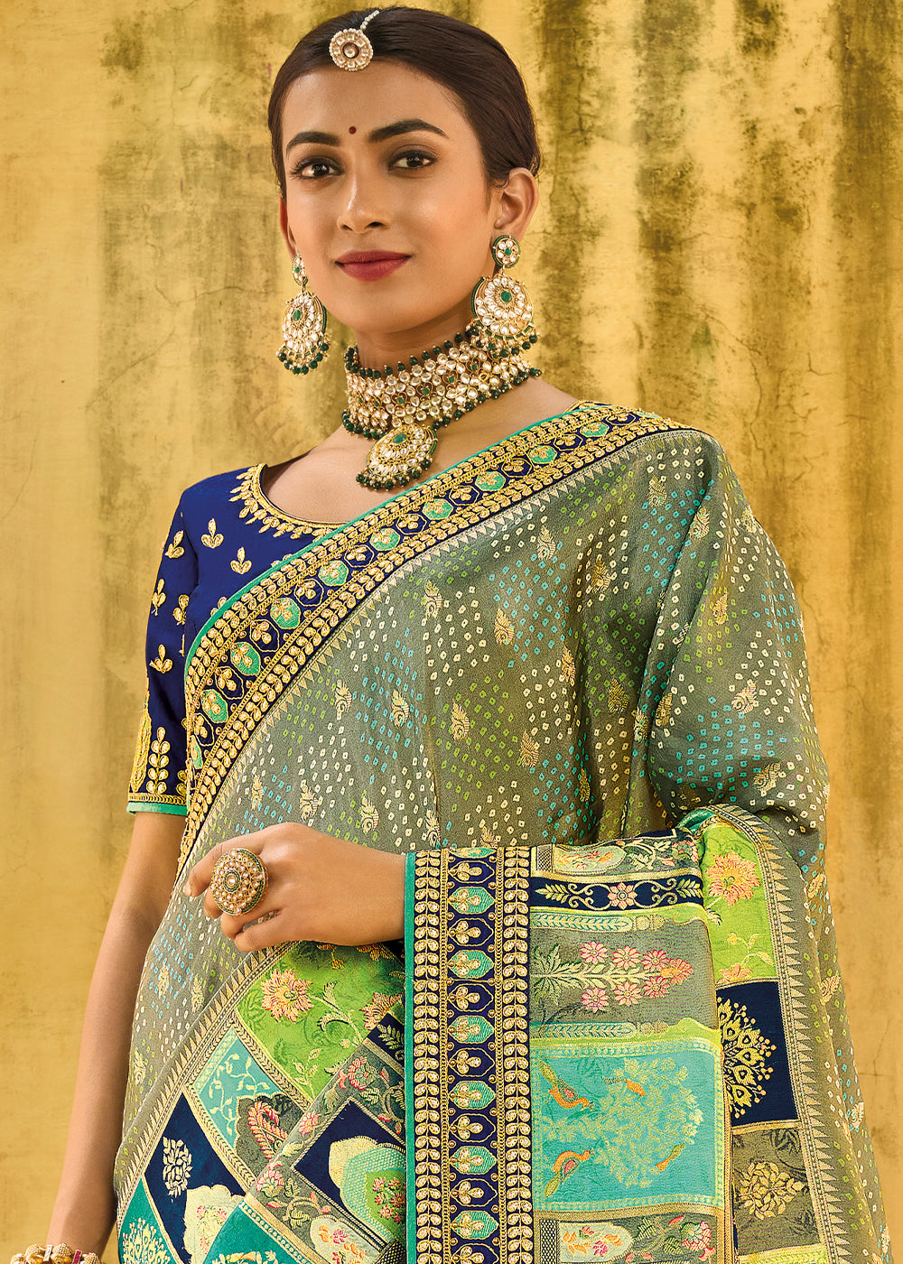 Blue & Green Designer Dola Silk Saree with Embroidered Weaving Border