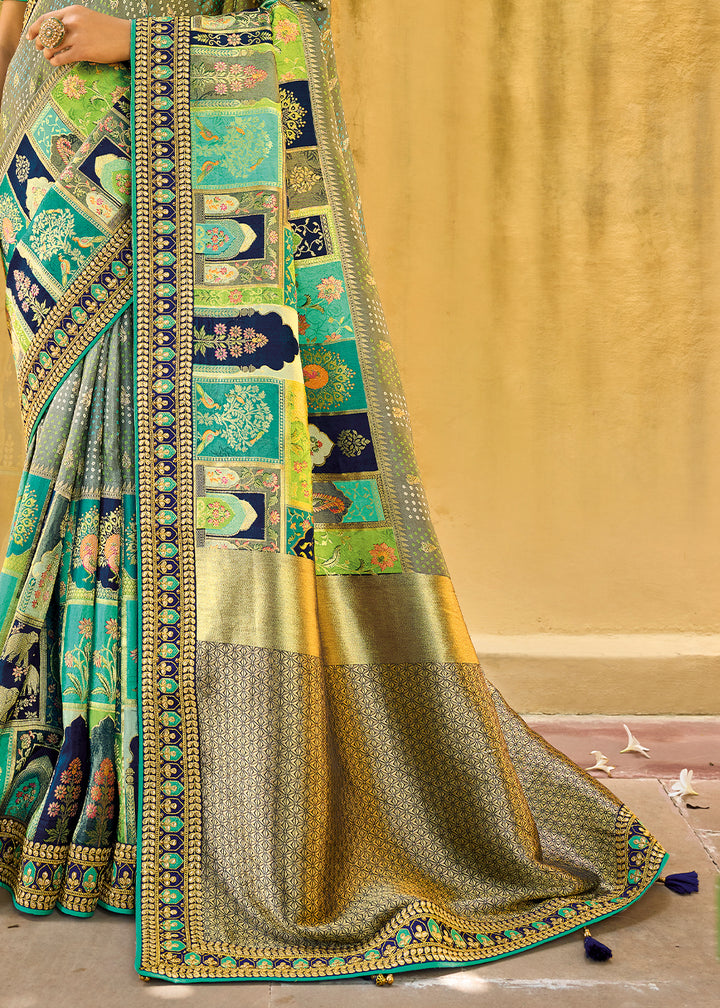 Blue & Green Designer Dola Silk Saree with Embroidered Weaving Border