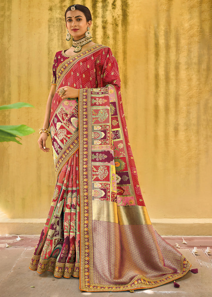 Shades Of Pink & Purple Designer Dola Silk Saree with Embroidered Weaving Border