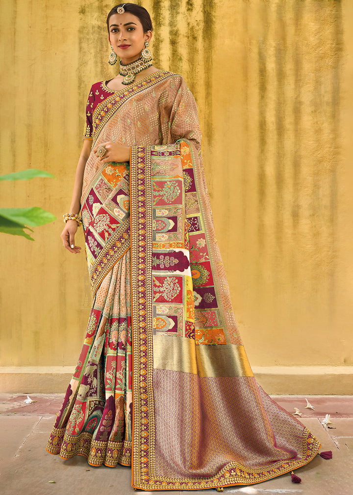 Shades Of Brown & Red Designer Dola Silk Saree with Embroidered Weaving Border