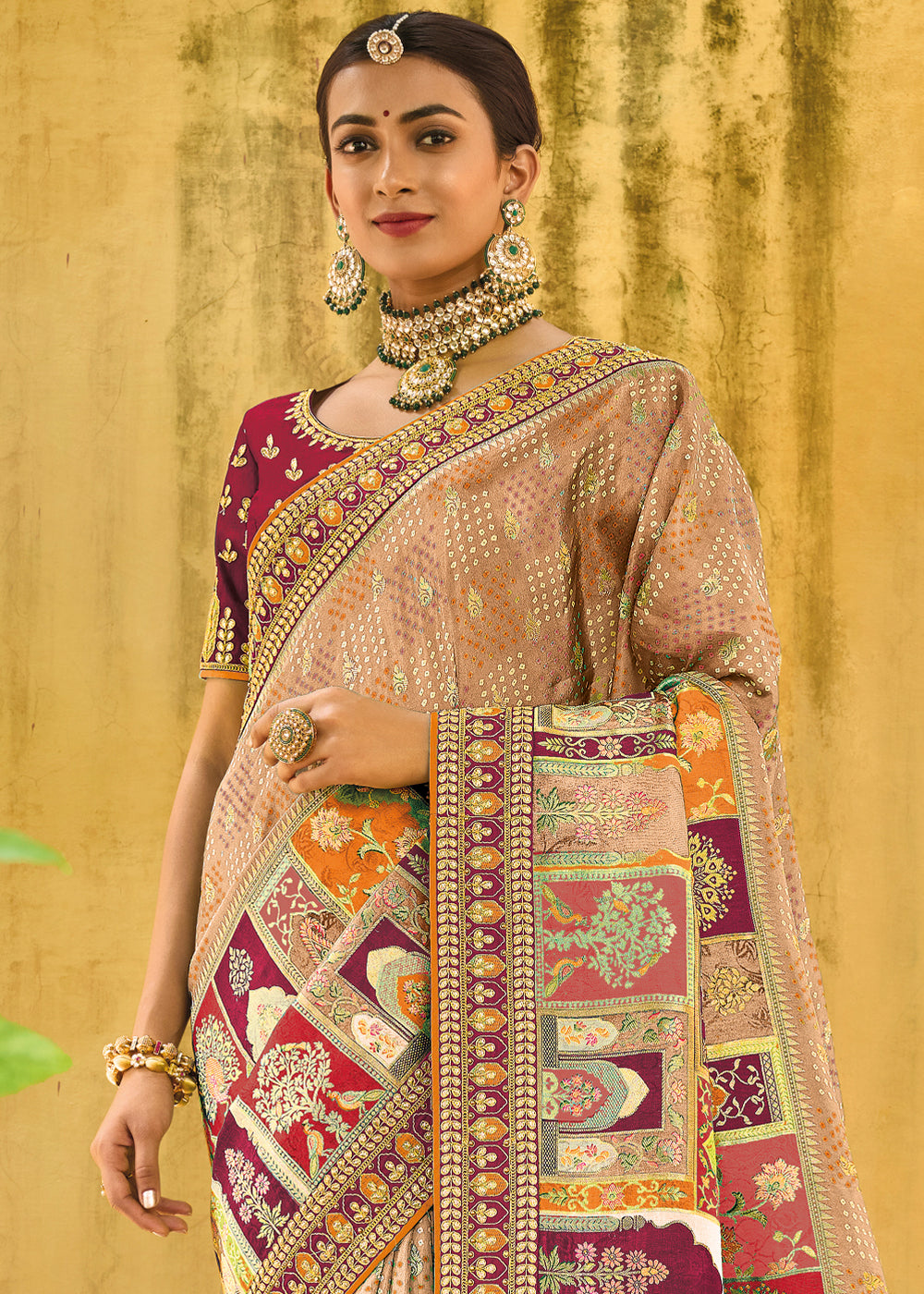 Shades Of Brown & Red Designer Dola Silk Saree with Embroidered Weaving Border