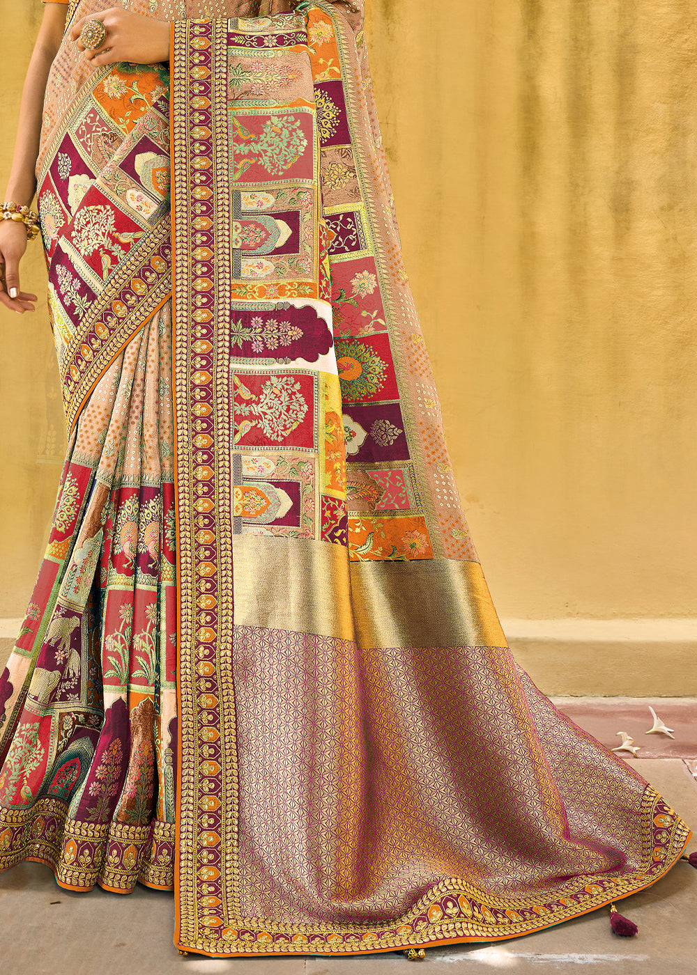 Shades Of Brown & Red Designer Dola Silk Saree with Embroidered Weaving Border