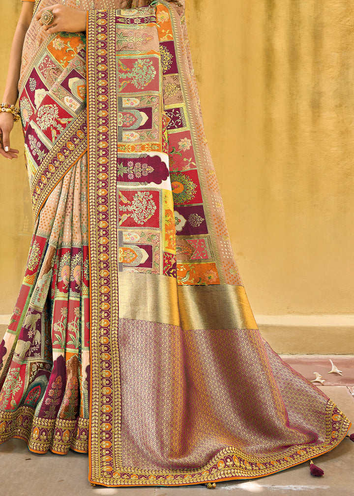 Shades Of Brown & Red Designer Dola Silk Saree with Embroidered Weaving Border