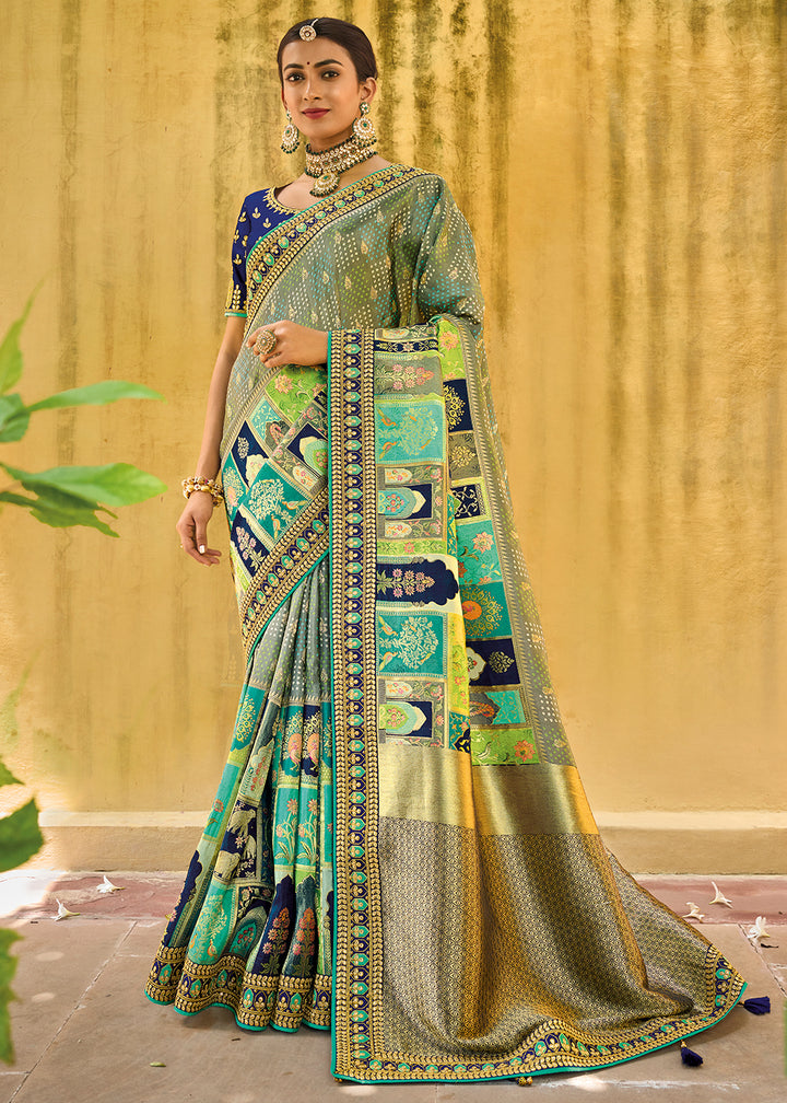 Blue & Green Designer Dola Silk Saree with Embroidered Weaving Border