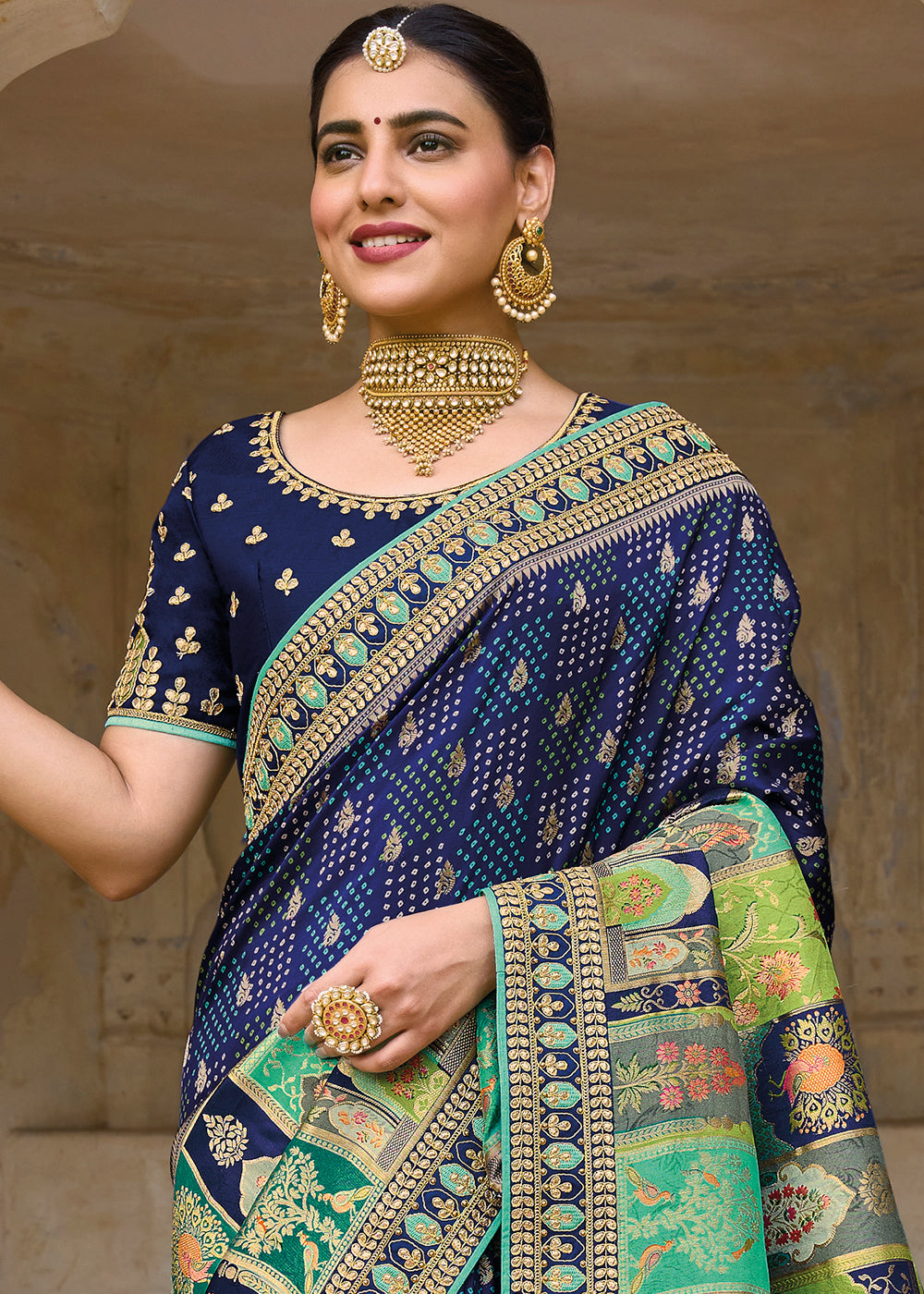 Navy Blue Designer Dola Silk Saree with Embroidered Weaving Border