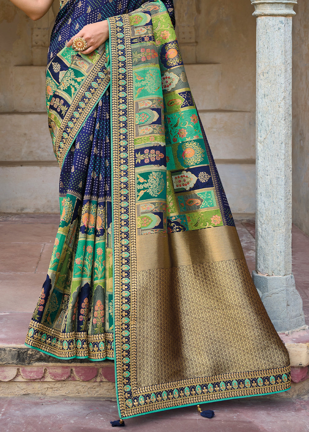 Navy Blue Designer Dola Silk Saree with Embroidered Weaving Border