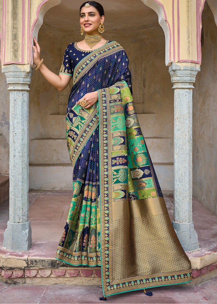 Navy Blue Designer Dola Silk Saree with Embroidered Weaving Border