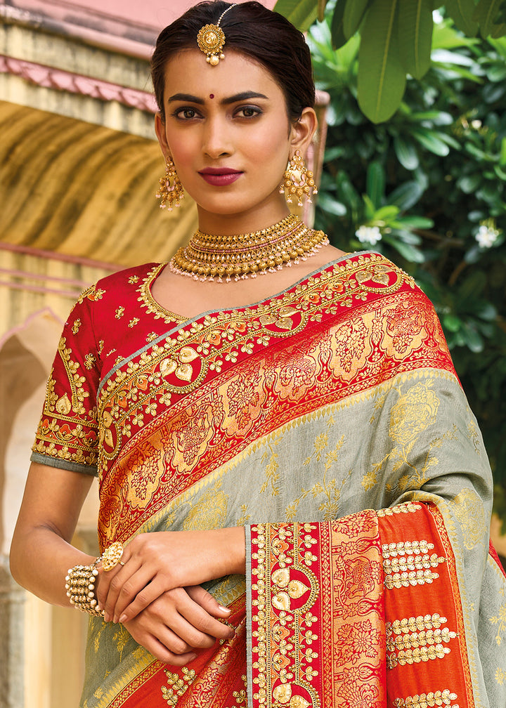 Grey & Red Designer Dola Silk Saree with Embroidered Weaving Border