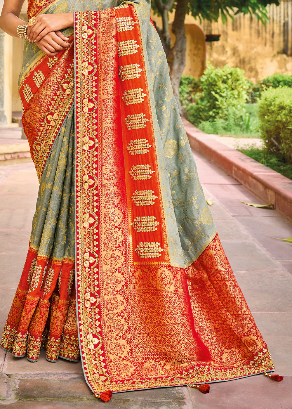 Grey & Red Designer Dola Silk Saree with Embroidered Weaving Border