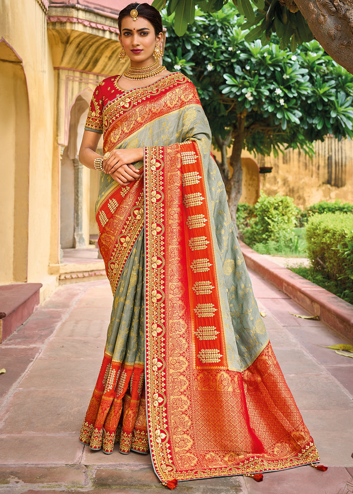 Grey & Red Designer Dola Silk Saree with Embroidered Weaving Border