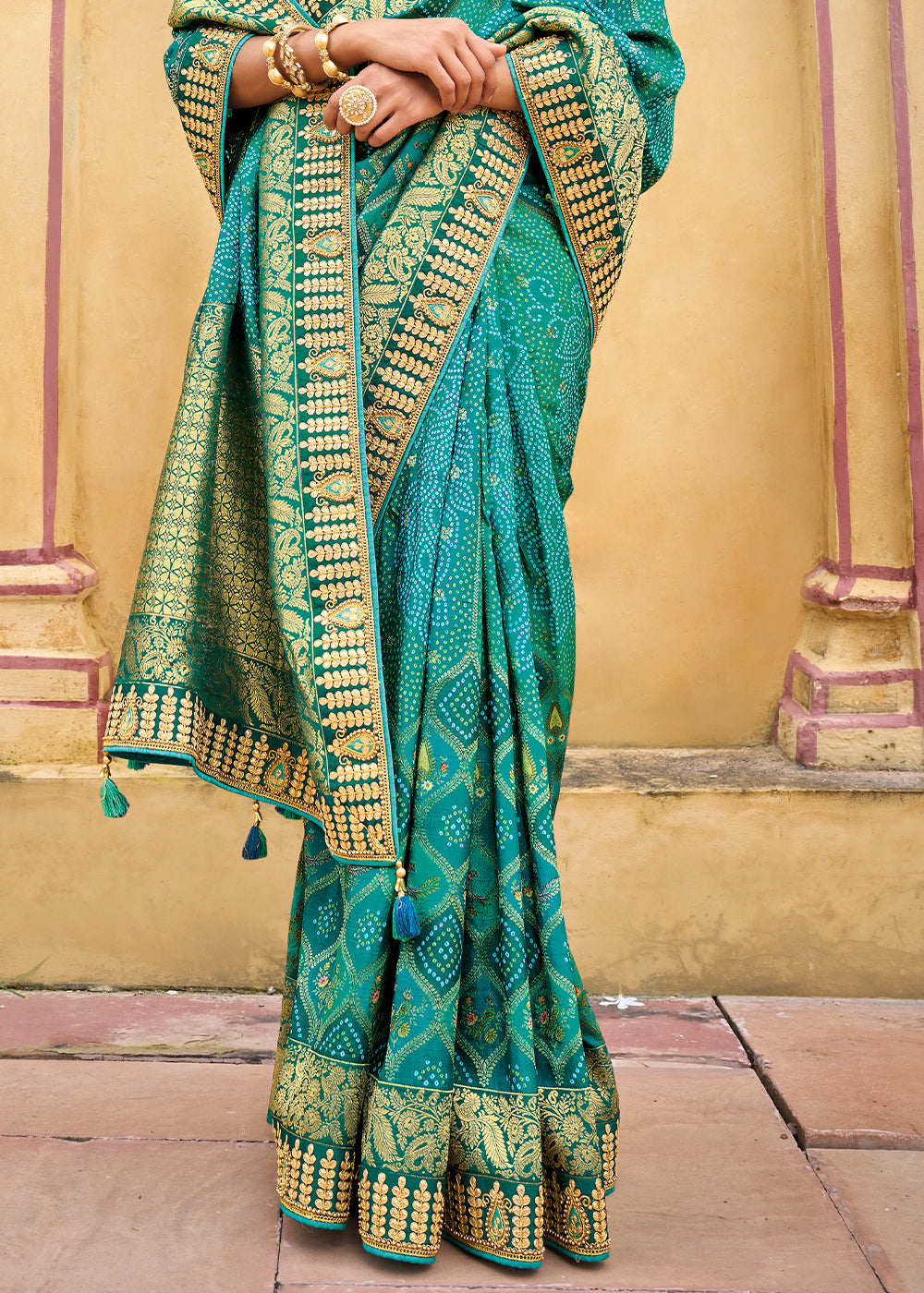 Blue & Green Designer Dola Silk Saree with Embroidered Weaving Border