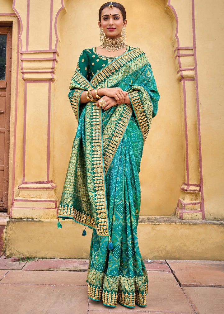 Blue & Green Designer Dola Silk Saree with Embroidered Weaving Border