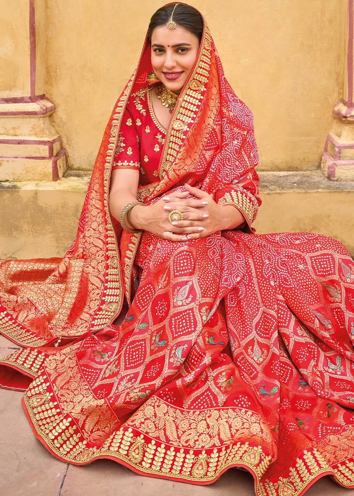 Shades Of Pink & Red Designer Dola Silk Saree with Embroidered Weaving Border