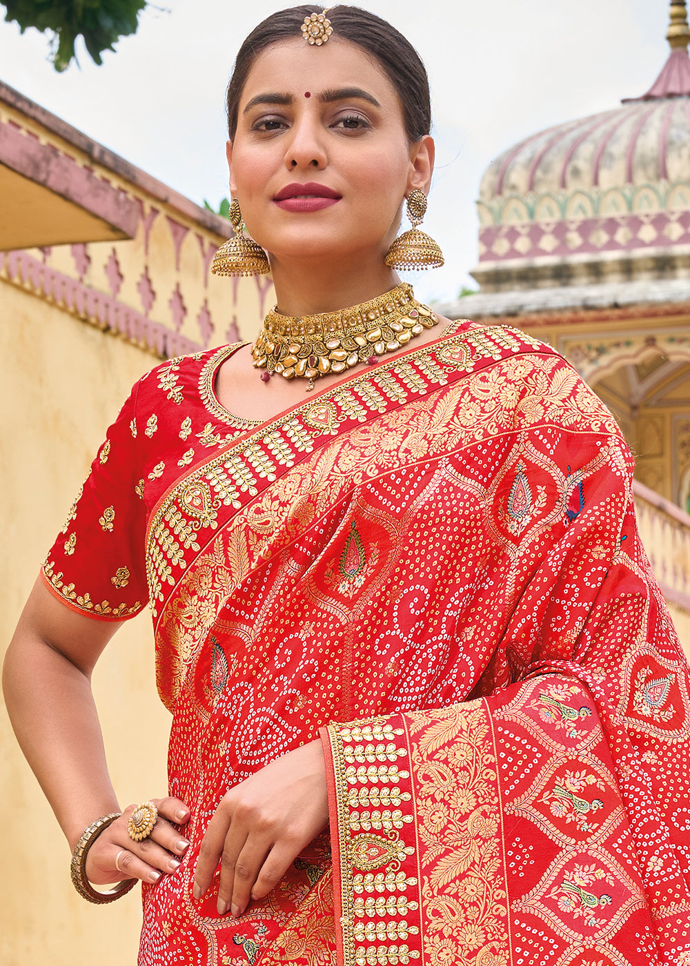 Shades Of Pink & Red Designer Dola Silk Saree with Embroidered Weaving Border