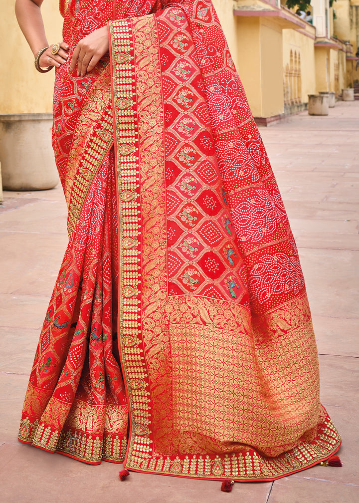 Shades Of Pink & Red Designer Dola Silk Saree with Embroidered Weaving Border