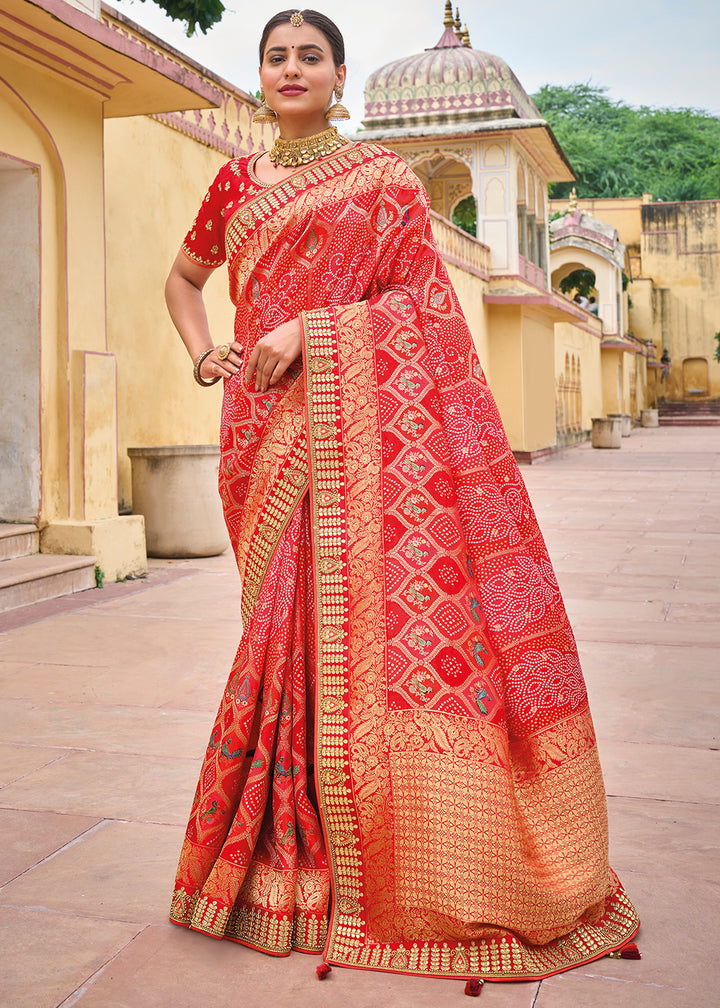 Shades Of Pink & Red Designer Dola Silk Saree with Embroidered Weaving Border