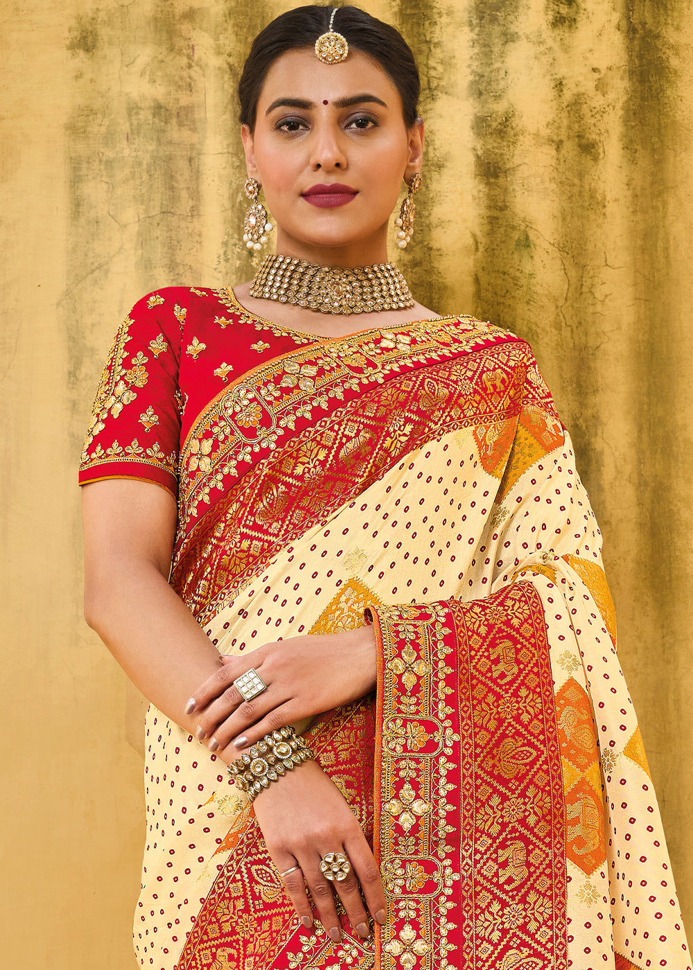 Cream White & Red Designer Dola Silk Saree with Embroidered Weaving Border