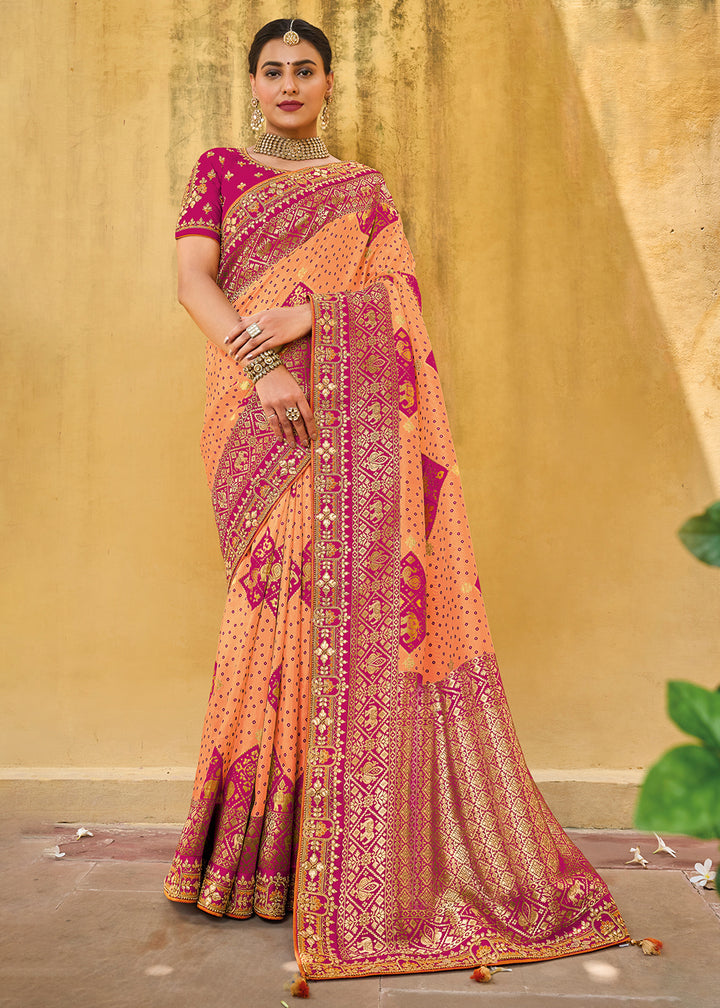 Orange & Purple Designer Dola Silk Saree with Embroidered Weaving Border