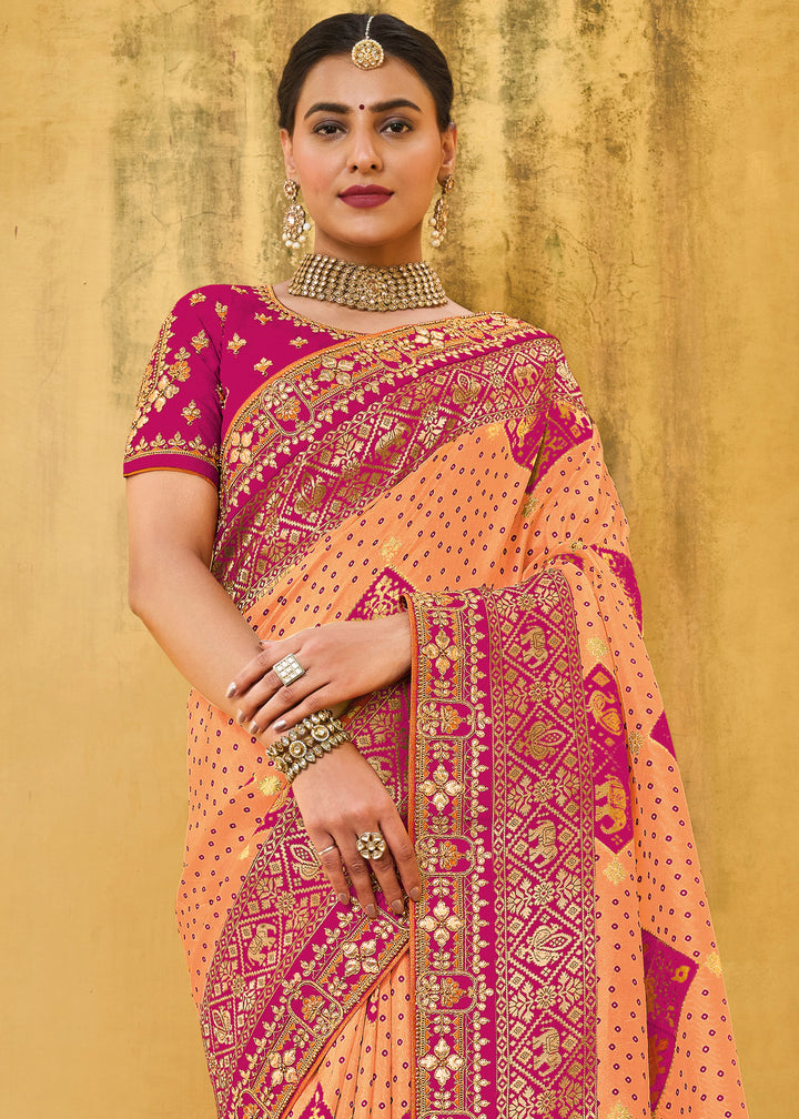 Orange & Purple Designer Dola Silk Saree with Embroidered Weaving Border