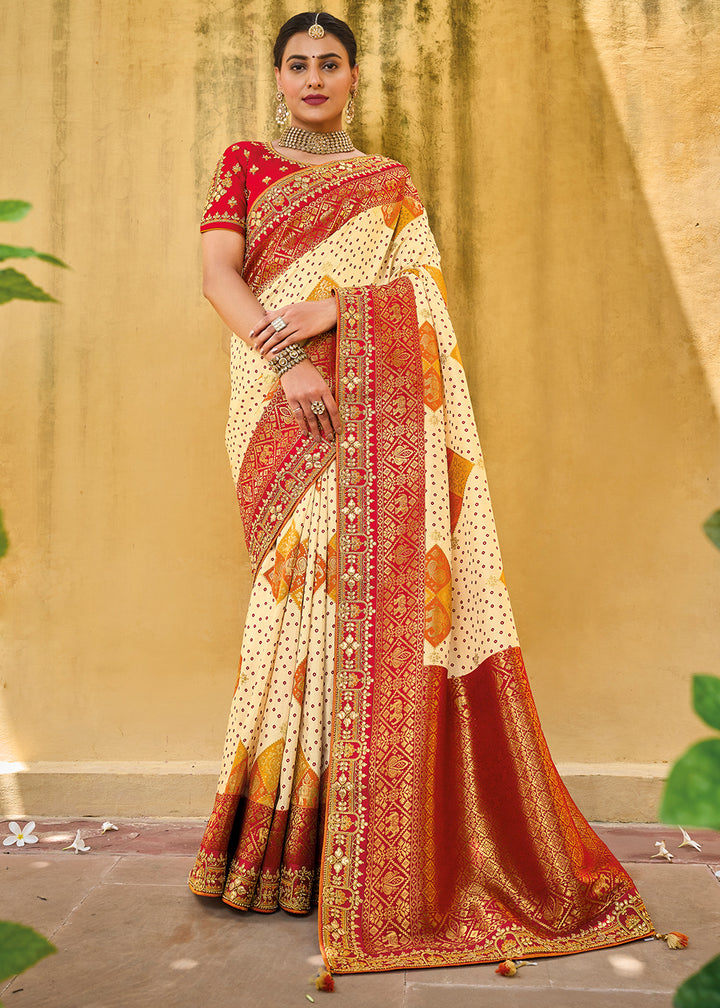 Cream White & Red Designer Dola Silk Saree with Embroidered Weaving Border