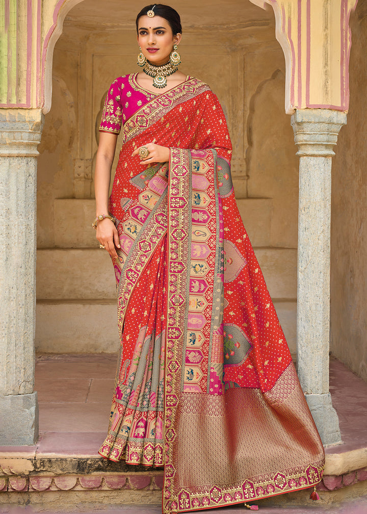 Imperial Red Designer Dola Silk Saree with Embroidered Weaving Border