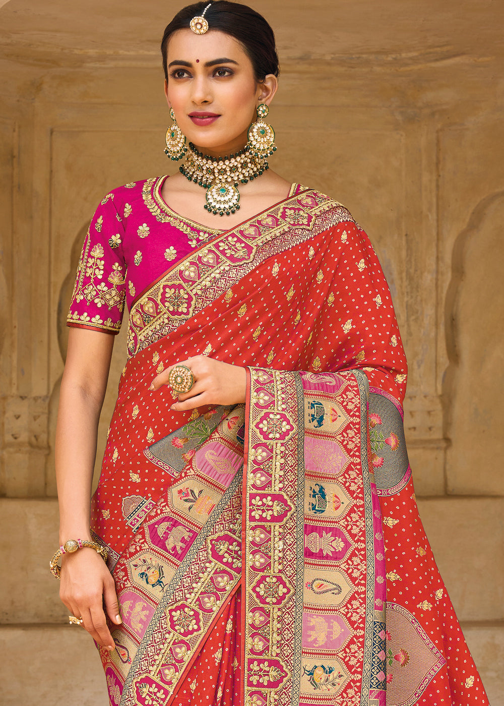 Imperial Red Designer Dola Silk Saree with Embroidered Weaving Border