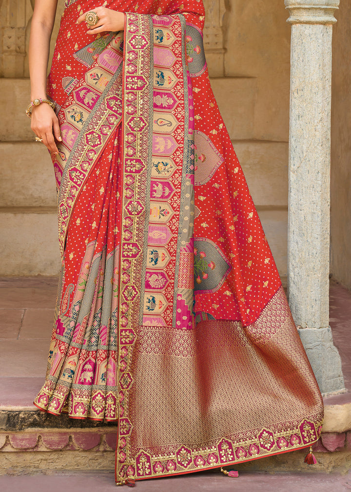 Imperial Red Designer Dola Silk Saree with Embroidered Weaving Border