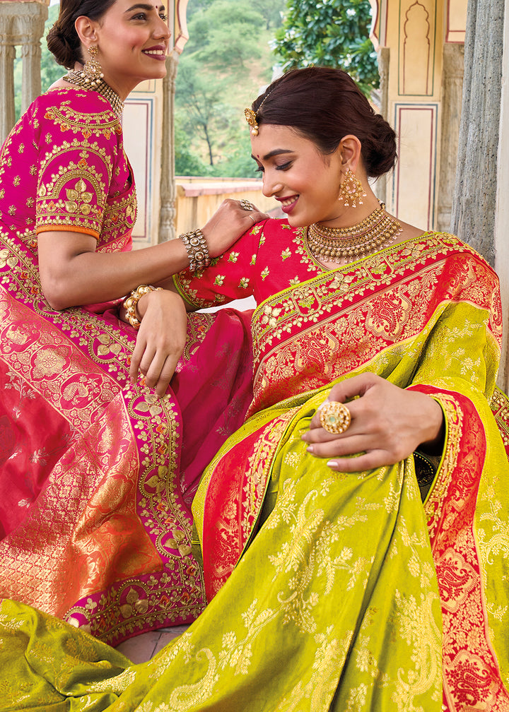 Lime Green Designer Dola Silk Saree with Embroidered Weaving Border