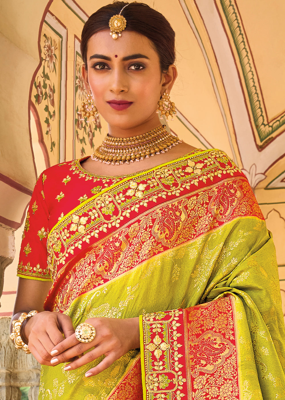 Lime Green Designer Dola Silk Saree with Embroidered Weaving Border