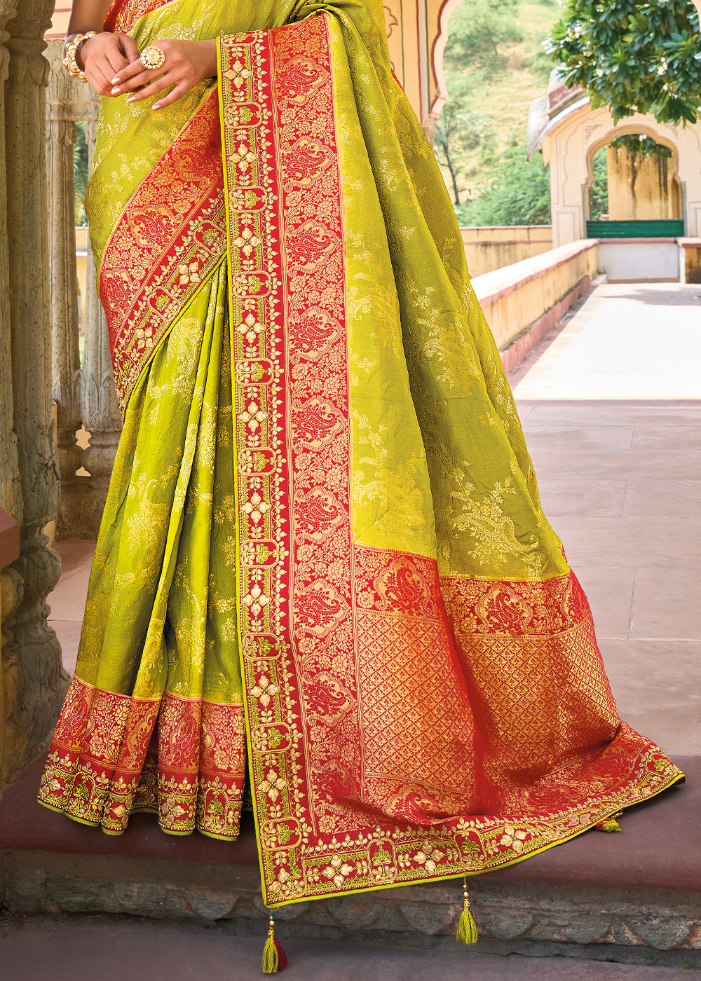 Lime Green Designer Dola Silk Saree with Embroidered Weaving Border