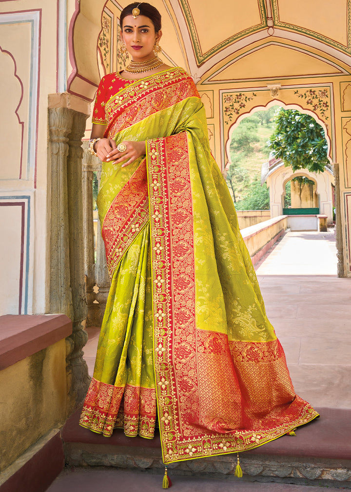 Lime Green Designer Dola Silk Saree with Embroidered Weaving Border