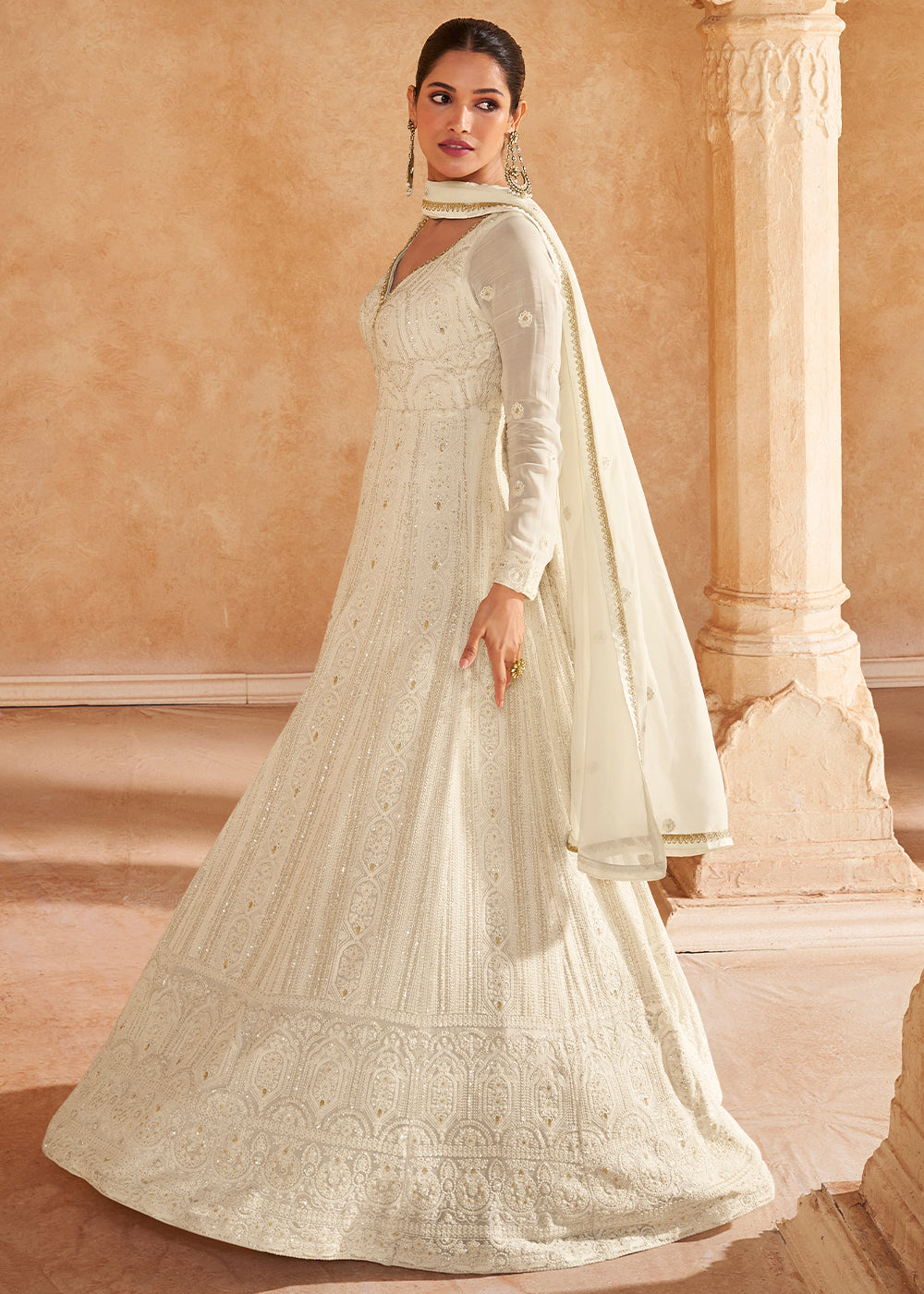 Pearl White Chikankari Embroidered Georgette Anarkali Gown