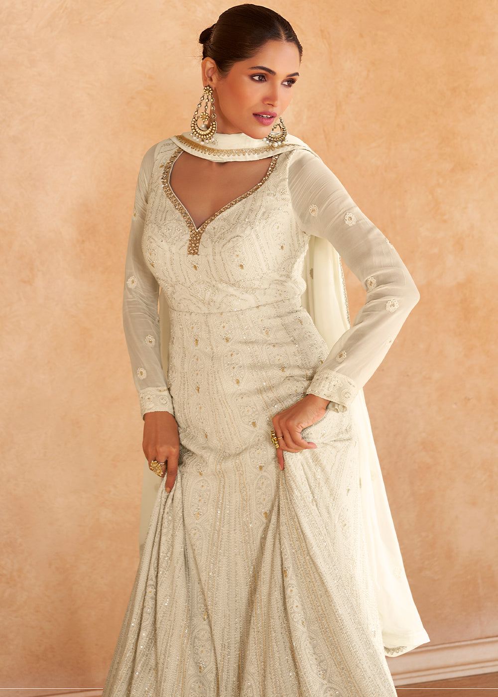 Pearl White Chikankari Embroidered Georgette Anarkali Gown