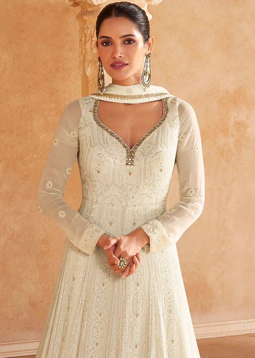 Pearl White Chikankari Embroidered Georgette Anarkali Gown