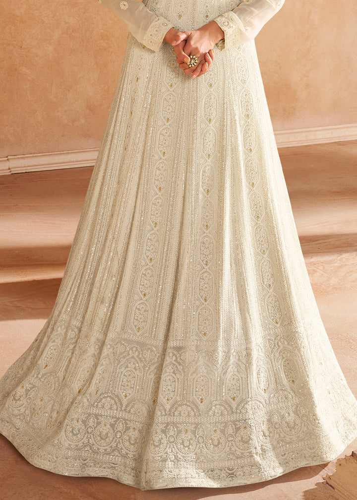 Pearl White Chikankari Embroidered Georgette Anarkali Gown